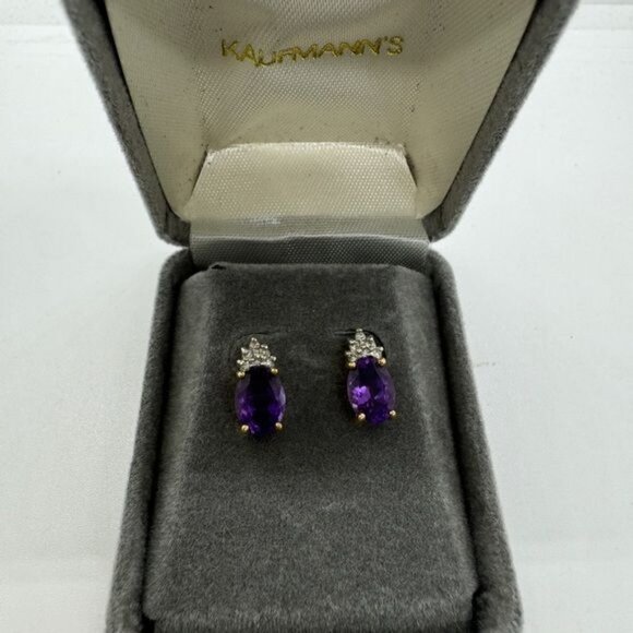 14K Yellow Gold Amethyst Diamond Earrings Studs Oval Pierced New Classic 90s - Picture 8 of 8